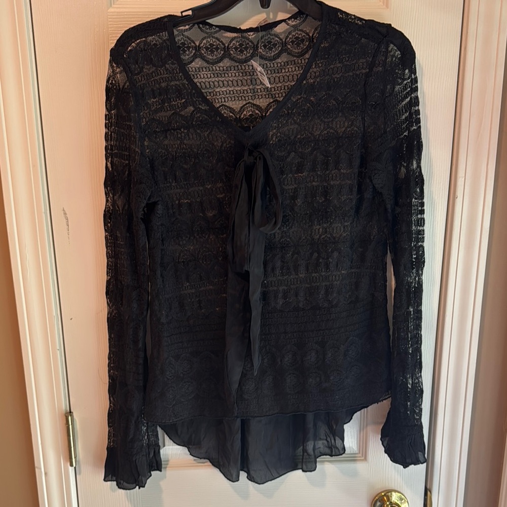 Lola Black Long Sleeve Lace Blouse with Tie Front